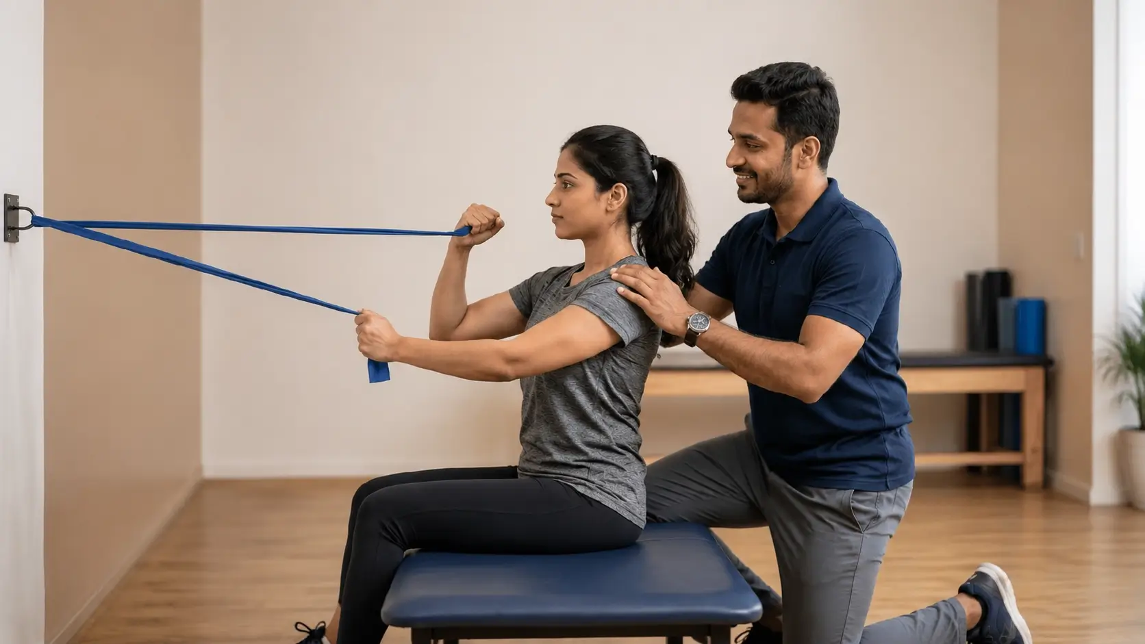 Trainer assessing a client's posture at a desk setup
