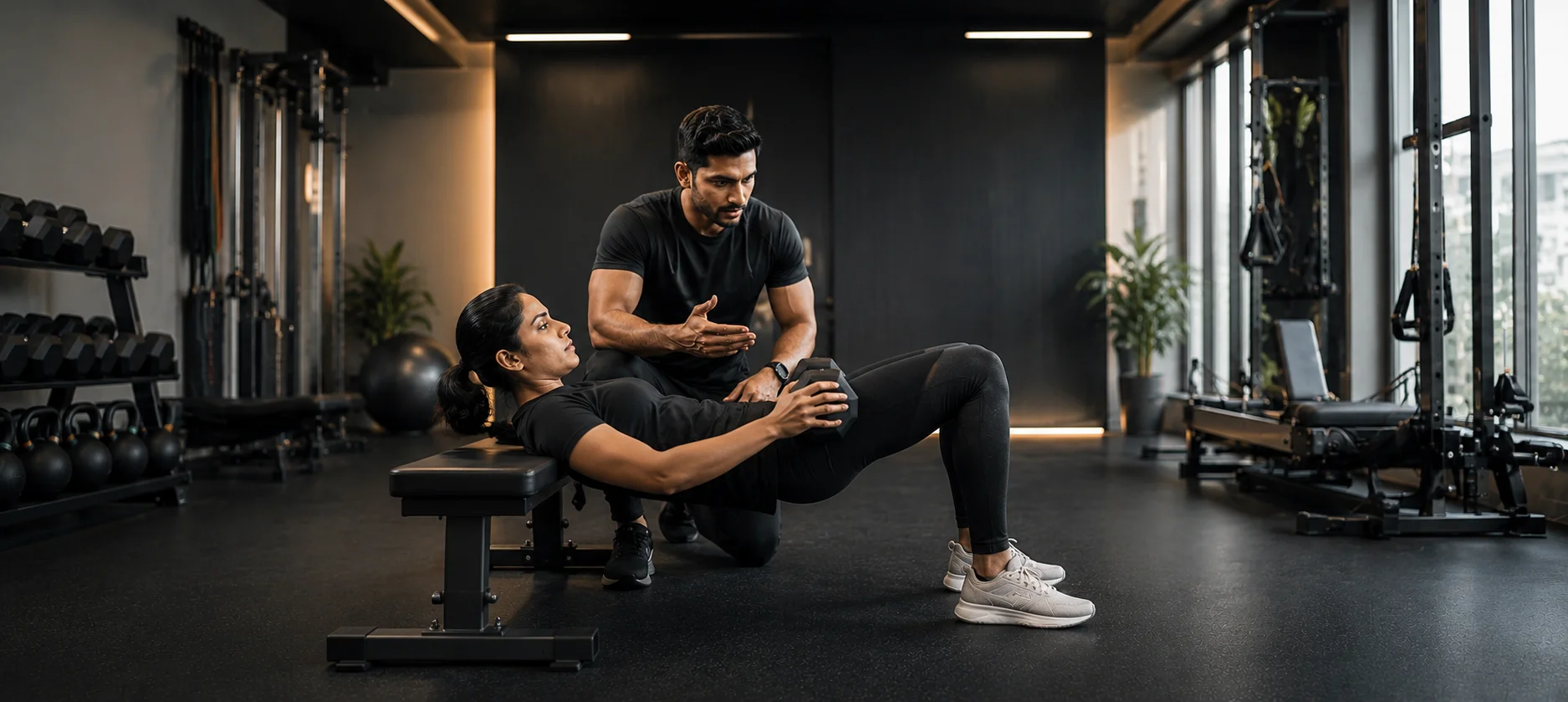 Trainer guiding a client through a hip thrust exercise at DM Exercise Clinic