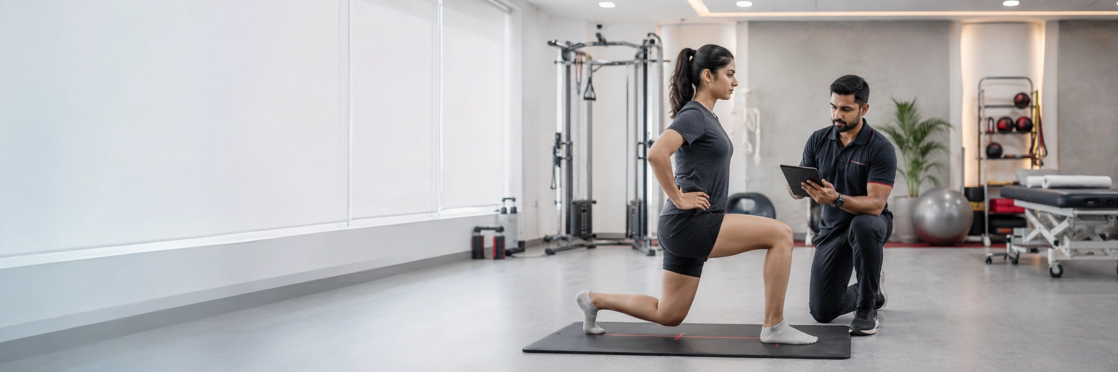 Trainer performing a postural assessment on a client